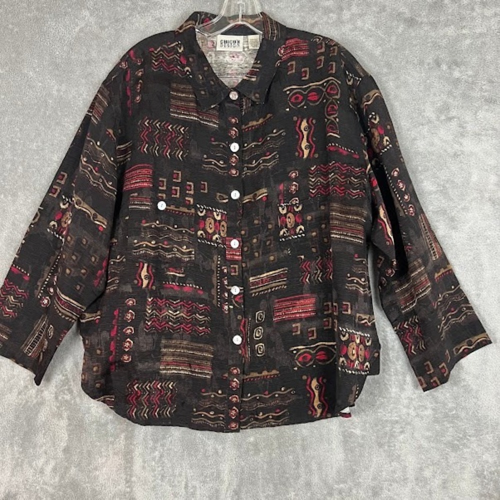 Vintage Chicos Design Silk Linen Button Up Shirt Womens 3 Aztec Tribal Print